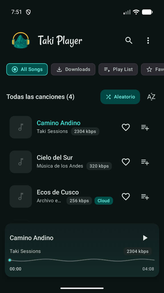 Biblioteca de canciones en Taki Player